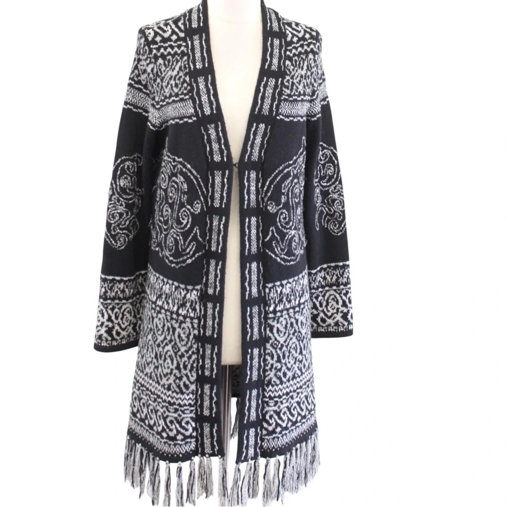 Chico’s Women’s Size 3 (XL) Black Gray Open Front Fringe Cardigan Boho Sweater